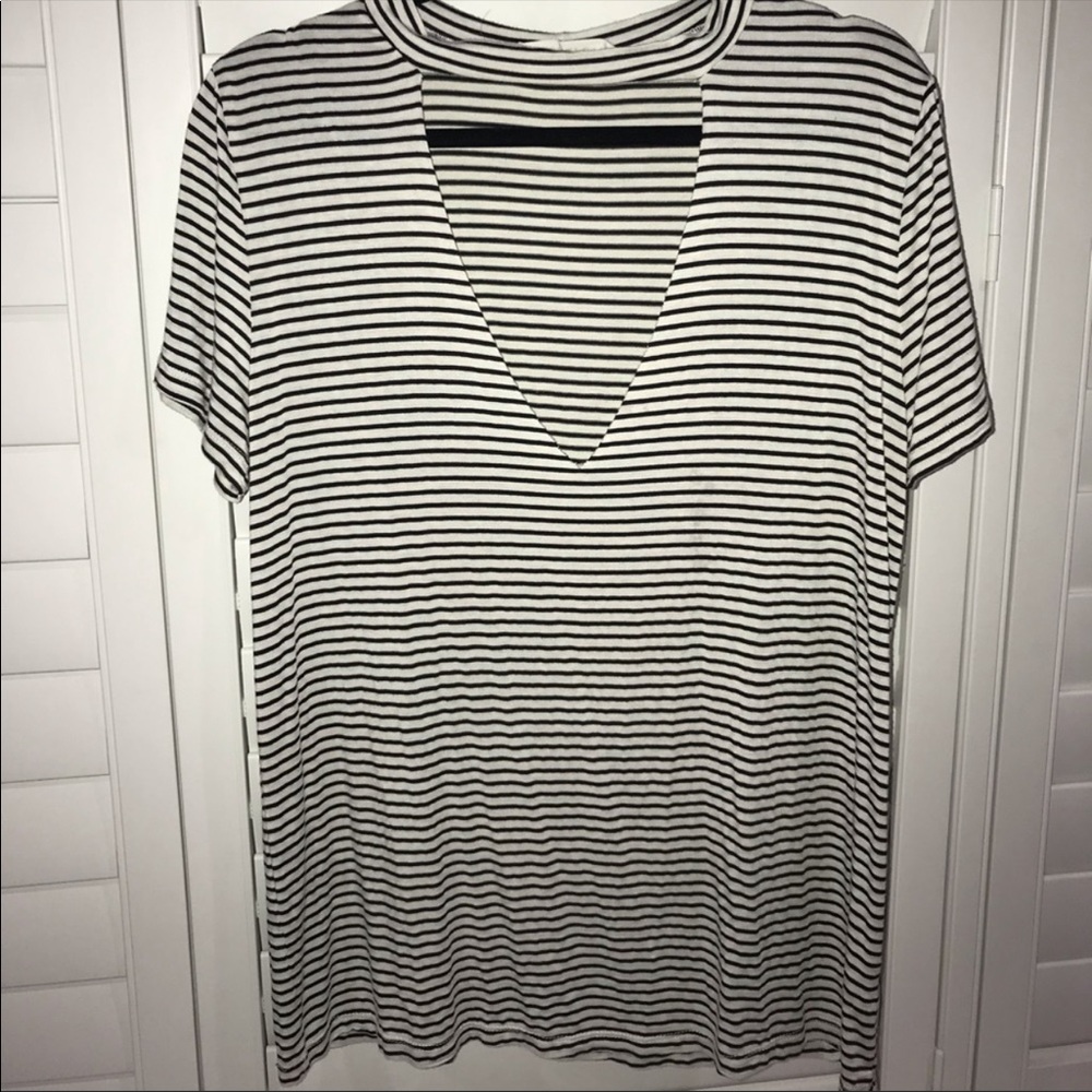 Black and White Striped Shirt with Deep V-Neck